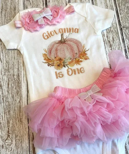 Vista 5 de First Birthday Pumpkin Baby Girl Personalized Name Bodysuit This Pumpkin is One Optional Accessories