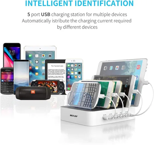 Vista 4 de MSTJRY Estación de carga para múltiples dispositivos: Estaciones cargadoras multi USB-A de 5 puertos, organizador multidispositivo, base de carga