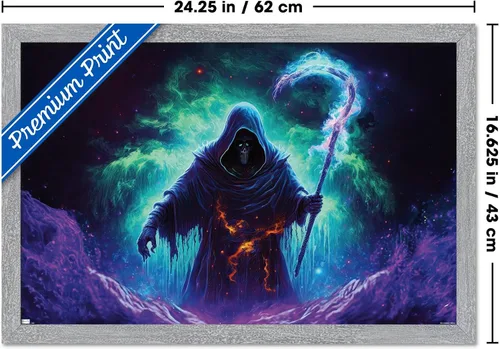 Vista 3 de Trends International Wumples - Póster de pared Cosmic Grim Reaper de 22.4 pulgadas de largo x 14.7 pulgadas, versión enmarcada gris