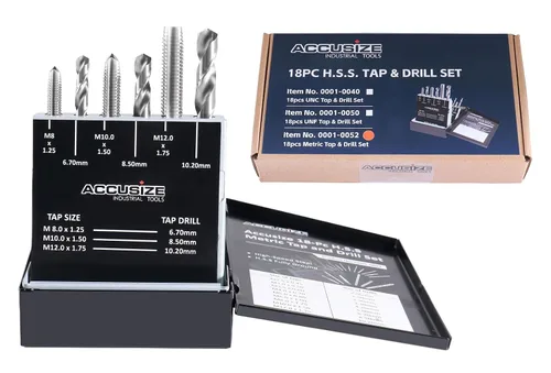 Vista 9 de Accusize Industrial Tools Juego de taladro y desbarbe de 18 piezas, H.S.S. métrico, 0001-0052 Juego de 18 piezas HSS Macho y Taladro, Métrico