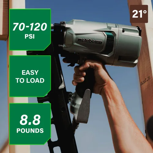 Vista 2 de Clavodora estructural Metabo HPT, clavadora neumática de potencia preferida por profesionales y herramienta de marco para pisos, cubiertas de techo
