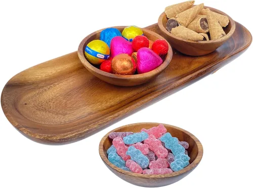 Vista 12 de Juego de ensaladera de madera de acacia – 9” Cuenco redondo artesanal con 2 servidores de madera, vajilla rústica y duradera para ensaladas, frutas
