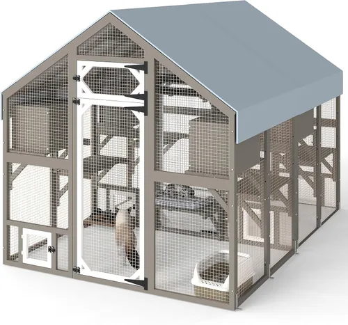 Vista 9 de Gowoodhut Recinto Exterior para Gatos Catio de 69.9"L para Múltiples Gatos, Refugio de Madera Walk In para Gatos con 2 Cajas de Descanso, 6