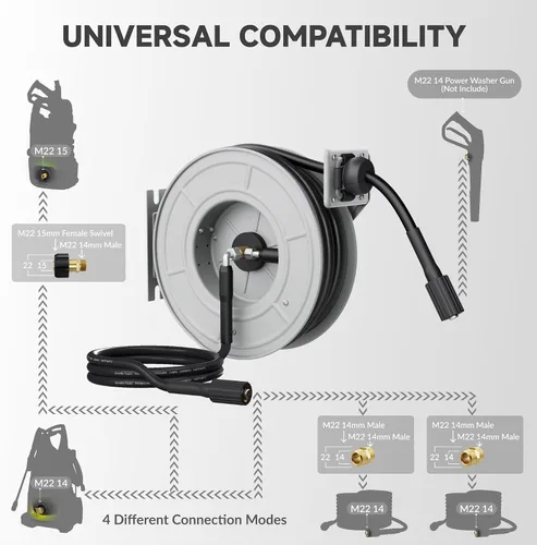 Vista 11 de Giraffe Tools Carrete de manguera para lavadora a presión de 65 pies, 3200 PSI, carrete de manguera retráctil para lavadora a presión, resistente