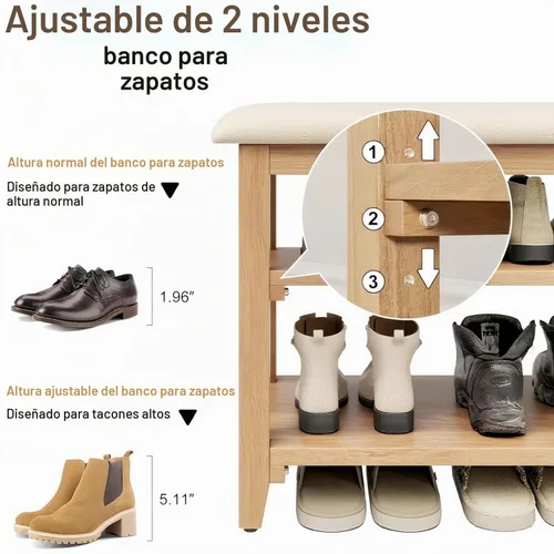 Vista 6 de Banco de almacenamiento de zapatos de madera con cojín de cuero