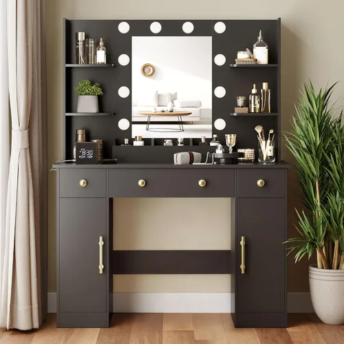 Vista 31 de Escritorio de maquillaje con espejo y luces, tocador negro de 43 pulgadas con parte superior de cristal, almacenamiento de joyas, 3 cajones