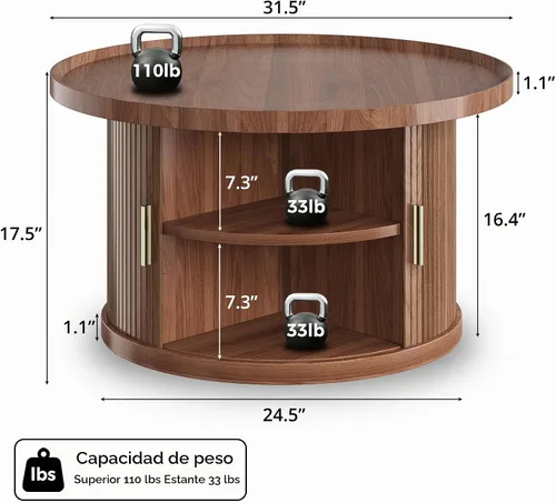 Vista 3 de IRONCK Mesa auxiliar, mesa de centro redonda de 31.5 pulgadas con almacenamiento y puerta corrediza de tambor, mesa central acanalada para sala