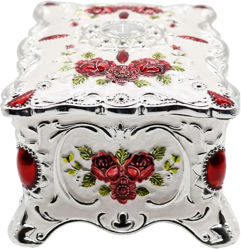 Vista 4 de AVESON Joyero rectangular de aleación de metal de lujo vintage con patrón de rosas para mujeres, niñas, diseño de dos capas, blanco y rojo, grande