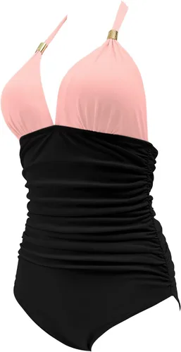 Vista 61 de RXRXCOCO - Traje de baño fruncido de una pieza, con cuello en V, para mujer, con control de abdomen y cuello halter