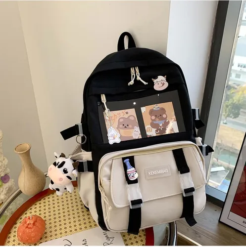 Vista 4 de Kawaii - Mochila estética para laptop, bolsa escolar de gran capacidad, bonita mochila de 17 pulgadas para niñas con insignia y colgante, Negro
