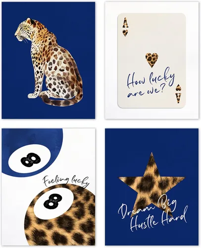 Vista 15 de TLESKE Pósteres Azules Preppy de Guepardo Lucky 8 Balls Impresiones Sin Marco de 8x10 Juego de 4, Impresiones Artísticas de Pared de Bolas de azul
