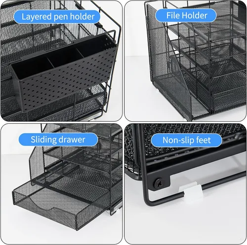 Vista 6 de Organizador de escritorio con cajón y soporte para bolígrafos, organizador de bandeja para cartas de papel de 5 niveles con soporte para archivos