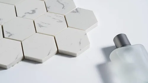 Vista 3 de 5 hojas de mosaico de mármol de ingeniería para salpicadero de cocina, piso de baño, colección hexagonal de 2", hexágono de 2"X2", 12"X12"X5/16