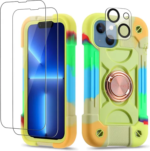 Vista 139 de Funda para iPhone 11 de 6.1 pulgadas con soporte de anillo, con 2 protectores de pantalla de vidrio, resistente a los golpes, resistente a