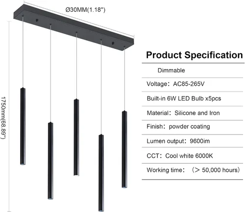 Vista 4 de Lámpara colgante, 5-Light Cluster, Moderno, Techo, Isla de cocina, Negro, LED regulable, 1500 lúmenes, 6000K