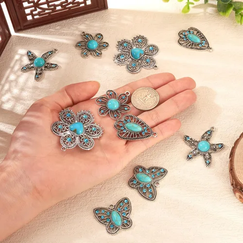 Vista 5 de PH PandaHall PandaHall - 10 dijes bohemios de mariposa turquesa en 5 estilos de flores turquesas, dijes de joyería occidental para manualidades