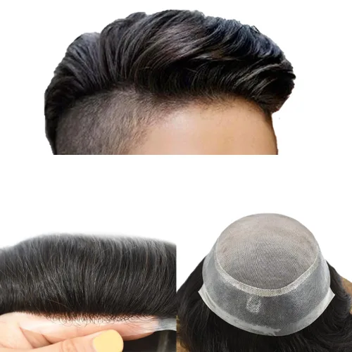 Vista 9 de Tupé de cabello humano fino para hombre, tupé mono tupé para hombres atados a mano, sistema de reemplazo de cabello para hombres, postizo