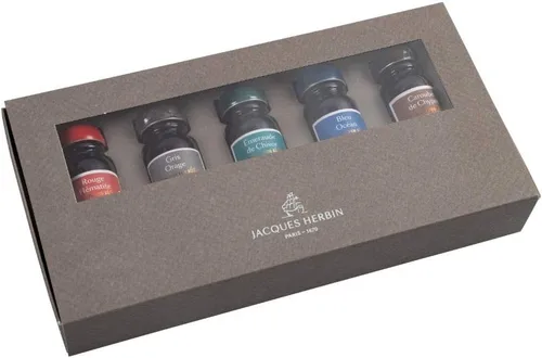 Vista 2 de Jacques Herbin - Ref 14000JT - Botellas de tinta de 0.3 fl oz para plumas estilográficas y bolígrafos Rollerball - Rouge Hématite, Gris Orage