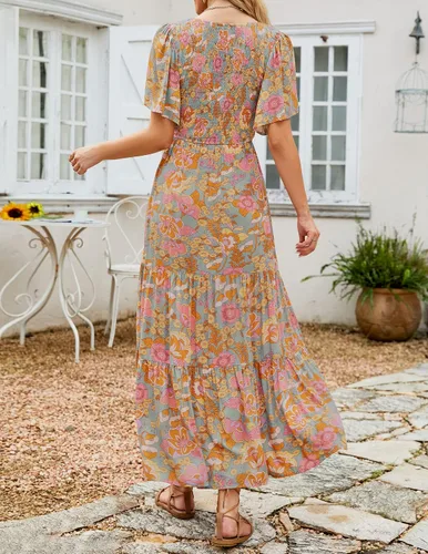 Vista 3 de ZESICA Vestido largo casual de verano para mujer, con estampado floral, manga corta con vuelo, cuello redondo, cintura alta fruncida