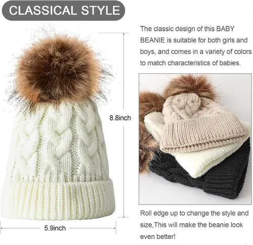 Vista 2 de PLIOPYIK Gorro de invierno para bebé gorro de punto cálido con pompones para niñas pequeñas y niños de 0 a 24 meses