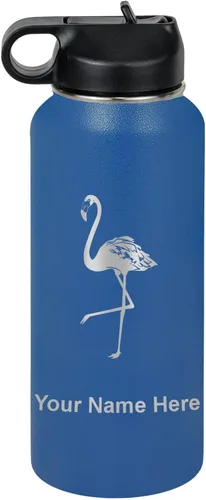 Vista 50 de LaserGram Botella de agua personalizada, flamenco, acero inoxidable de doble pared aislada al vacío con popote superior, regalo grabado
