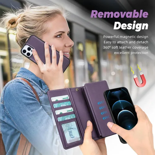 Vista 3 de TwoHead Funda tipo cartera para iPhone 12 Pro Max con tarjetero, funda magnética desmontable para teléfono 12 Pro Max, piel sintética, a prueba