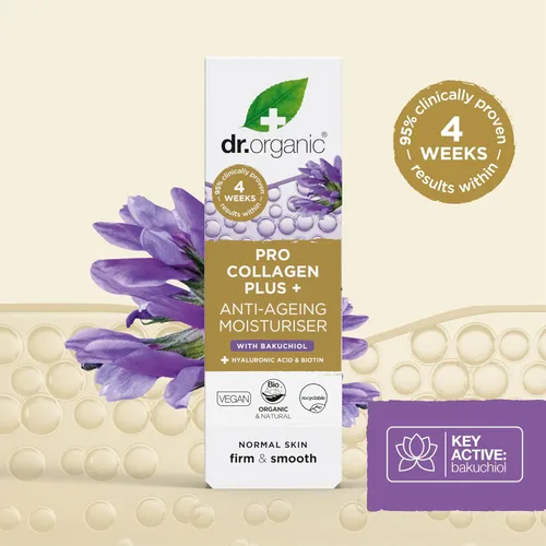 Vista 5 de Dr. Organic Pro Collagen Plus + Crema hidratante antienvejecimiento con Bakuchiol Piel firme y suave, reduce las arrugas, (piel normal) natural