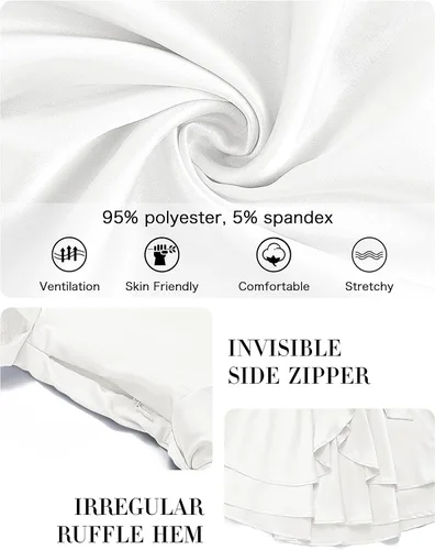 Vista 5 de MEROKEETY Minivestido de satén de manga corta con cuello en V para mujer, con volantes, lazo en la cintura y volantes, para invitadas de boda