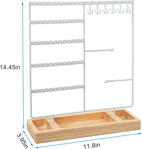 Vista 6 de X-cosrack Soporte para aretes, organizador de joyas de 5 niveles con bandeja de madera, 132 agujeros, blanco + natural