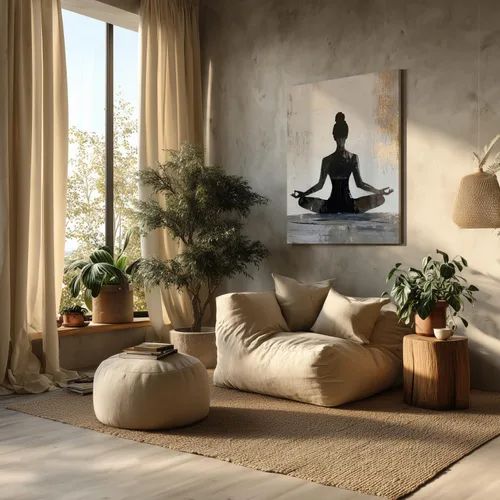 Vista 4 de GELDSTEI Arte de pared zen enmarcado, pintura moderna en lienzo de chica haciendo yoga, decoración de pared de meditación tranquila, imagen estética