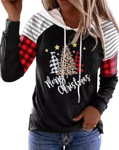 Vista 19 de LLHXRUI Sudadera de Navidad con diseño de árbol a cuadros y rayas para mujer, camiseta con bolsillo con capucha, manga larga, bloque de color Como