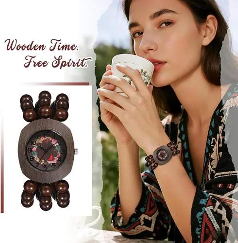 Vista 7 de JewelryWe Reloj elástico de madera bohemio pulsera de madera con cuentas Tonneau hecha a mano, esfera floral con banda elástica, reloj de pulsera