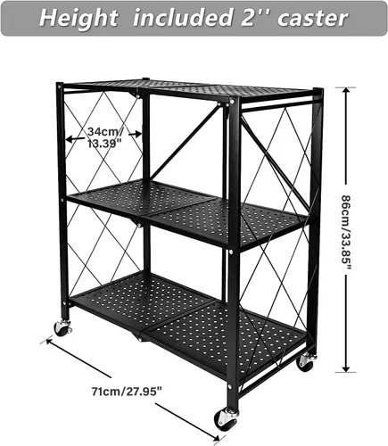 Vista 3 de YSSOA Estante de metal plegable de 3 niveles, 27.95 pulgadas de profundidad x 13.39 pulgadas de ancho x 33.85 pulgadas de alto, estantería
