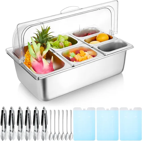 Vista 10 de Tessco for you 16 piezas de contenedor de condimentos para servir alimentos y especias, con tapa, para exhibición en mostrador, enfriado, de acero