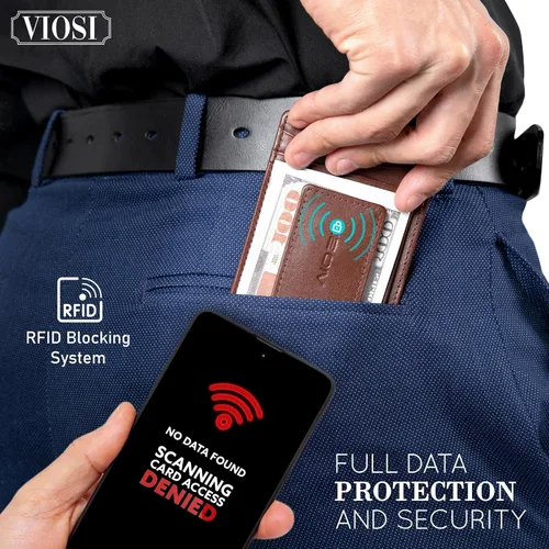 Vista 6 de Billetera con clip magnético con bolsa frontal de cuero de hombre, Viosi RFID, Marrón