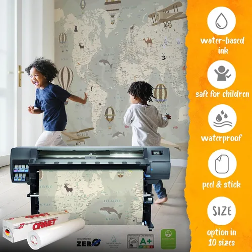 Vista 3 de Papel tapiz infantil con diseño de mapa del mundo con animales - Mural