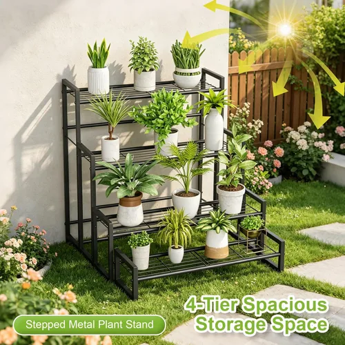 Vista 2 de VyGrow Soporte para plantas, soporte apilable para plantas de 4 niveles, estante escalable resistente para plantas altas para interiores y negro