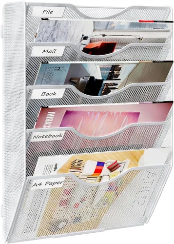 Vista 9 de PAG Soporte para archivos de pared colgante, clasificador de correo de 3 niveles para pared, organizador de pared de oficina de malla