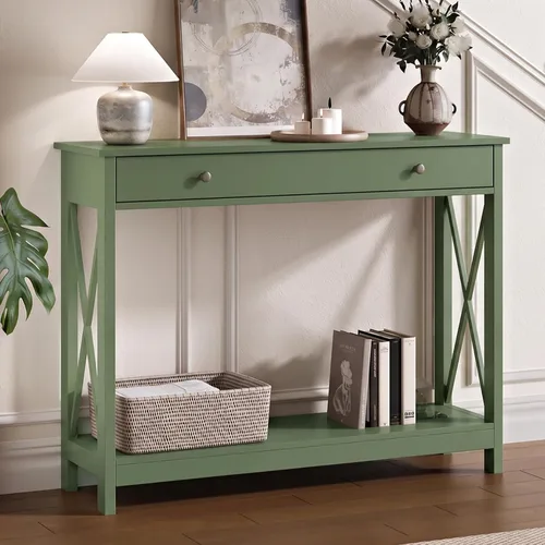 Vista 7 de Mesa consola de madera Treocho Farmhouse con cajón y estantes de almacenamiento, mesa de sofá estrecha para entrada, sala de estar, pasillo