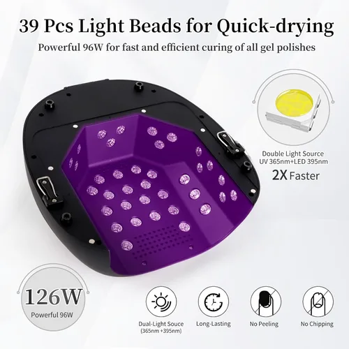 Vista 4 de Lámpara de uñas LED UV recargable de 126 W, secador de uñas inalámbrico portátil con sensor automático y 4 ajustes de temporizador, lámpara de Negro