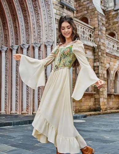 Vista 4 de Scarlet Darkness Disfraz de feria renacentista para mujer, vestido de manga larga acampanada con hombros descubiertos, vestido alto y bajo