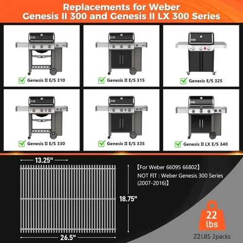 Vista 2 de QuliMetal Rejillas de parrilla de 47.6 cm y 9 mm para Weber Genesis II, piezas de parrilla para Weber Genesis II LX 300 Series, Genesis II E y S 310