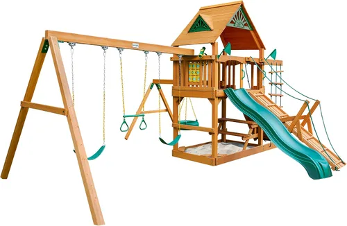 Vista 4 de Gorilla Playsets 01-0004-AP Frontier - Juego de columpio de madera con techo de madera, columpio de neumático, dos columpios de cinturón, mesa