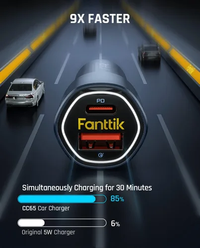 Vista 6 de Fanttik Inflador de neumáticos X8 APEX EV y adaptador de coche de carga rápida de doble puerto de 65 W