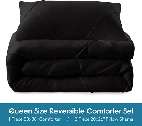 Vista 3 de BYSURE Juego de 2 piezas de edredón individual (negro), juego de ropa de cama ligero con 2 fundas para almohadas, juego de edredón de plumón