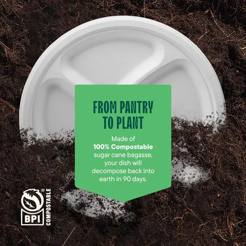 Vista 6 de Platos de papel desechables 100% compostables, 3 compartimentos [10 pulgadas] [paquete de 125] bandejas seccionales para almuerzo + divisores