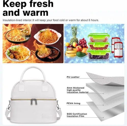 Vista 3 de BALORAY Bolsa de almuerzo para mujeres y hombres, lonchera de doble cubierta para adultos, bolsa de almuerzo de piel sintética, bolsas de almuerzo