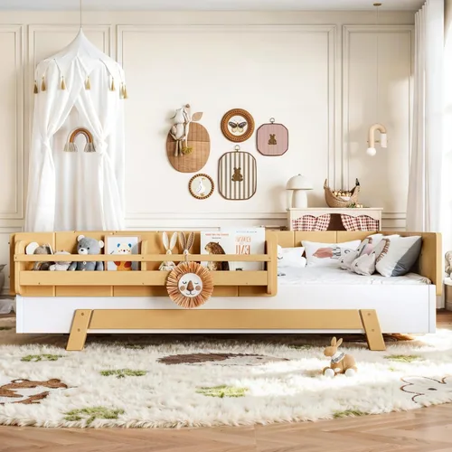 Vista 3 de Cama Montessori de tamaño matrimonial con estantería y valla, natural