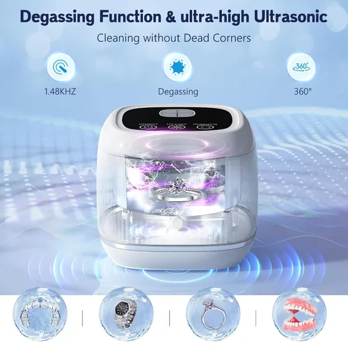 Vista 3 de Máquina limpiadora ultrasónica de retenedores 3 en 1 mejorada 2025, tecnología de desgasificación+ultrasónica+UV, con un aumento de 5 veces