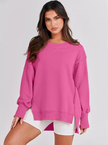 Vista 2 de Caracilia Sudadera de gran tamaño para mujer, cuello redondo, manga larga, sudadera con capucha, ropa de otoño a la moda